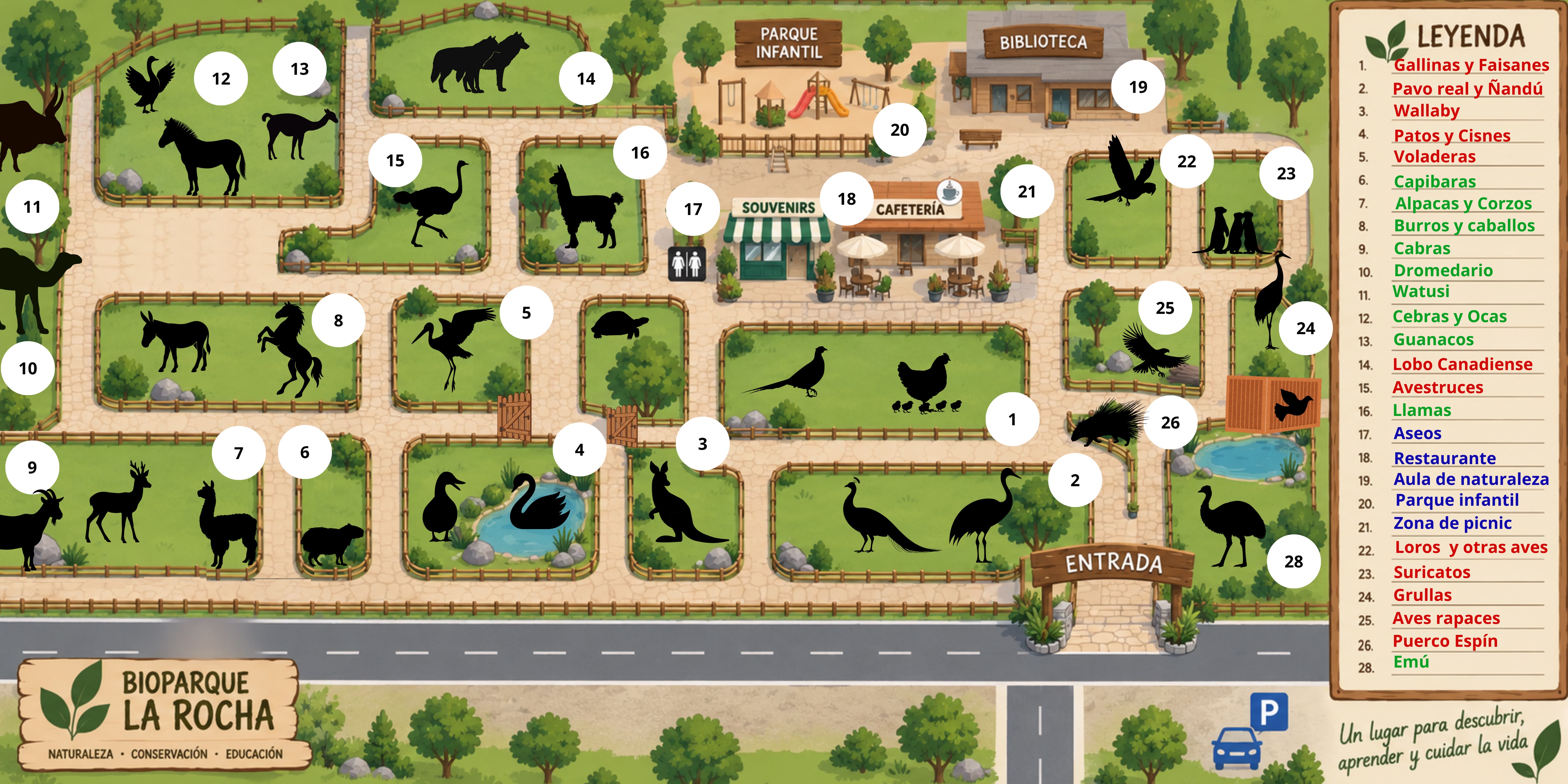 Plano de Bioparque La Rocha con todas sus zonas numeradas